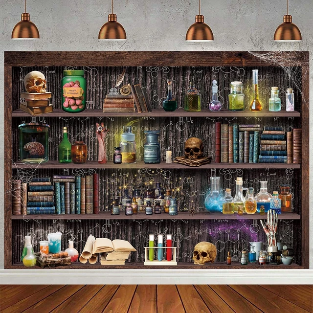 Alt view image 5 of 7 - Halloween Mad Scientist Laboratory Backdrop Halloween Magic School Banner 10x6ft Witch Kitchen Bookshelf Background, Creepy Skull Poison Bottles Apothecary Banner,Kids Halloween Party Decor