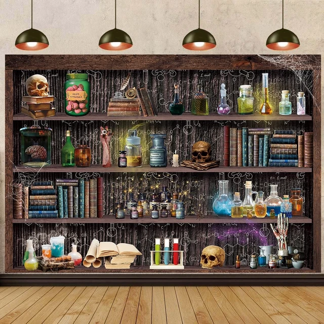 Alt view image 4 of 7 - Halloween Mad Scientist Laboratory Backdrop Halloween Magic School Banner 10x6ft Witch Kitchen Bookshelf Background, Creepy Skull Poison Bottles Apothecary Banner,Kids Halloween Party Decor