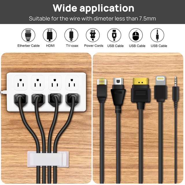 Alt view image 7 of 7 - Cable Management Clips, 20Pcs Cable Organizers Wire Clips Cord Holder for TV PC Ethernet Cable Desk Home Office (White)