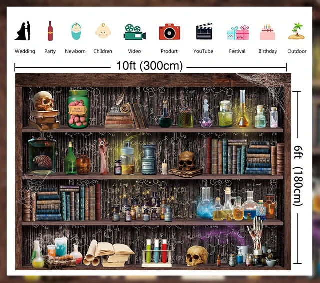 Alt view image 6 of 7 - Halloween Mad Scientist Laboratory Backdrop Halloween Magic School Banner 10x6ft Witch Kitchen Bookshelf Background, Creepy Skull Poison Bottles Apothecary Banner,Kids Halloween Party Decor