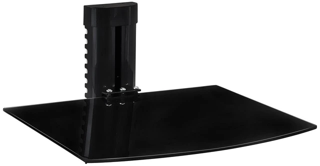Main image of Floating TV Shelf, Tempered Glass, Aluminum Frame, Black Holds up to 17.6 lbs, 4.25in height adjustment, integrated cable management, single stud install, fits consoles & AV devices