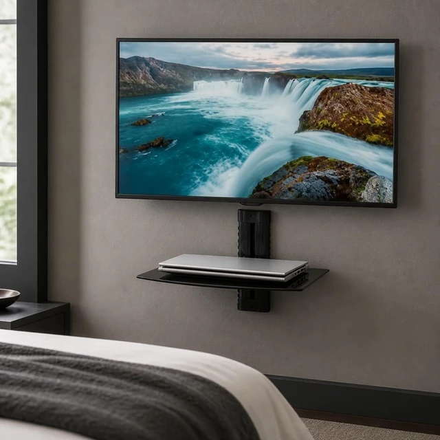 Alt view image 2 of 7 - Floating TV Shelf, Tempered Glass, Aluminum Frame, Black Holds up to 17.6 lbs, 4.25in height adjustment, integrated cable management, single stud install, fits consoles & AV devices