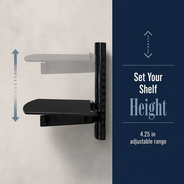 Alt view image 4 of 7 - Floating TV Shelf, Tempered Glass, Aluminum Frame, Black Holds up to 17.6 lbs, 4.25in height adjustment, integrated cable management, single stud install, fits consoles & AV devices