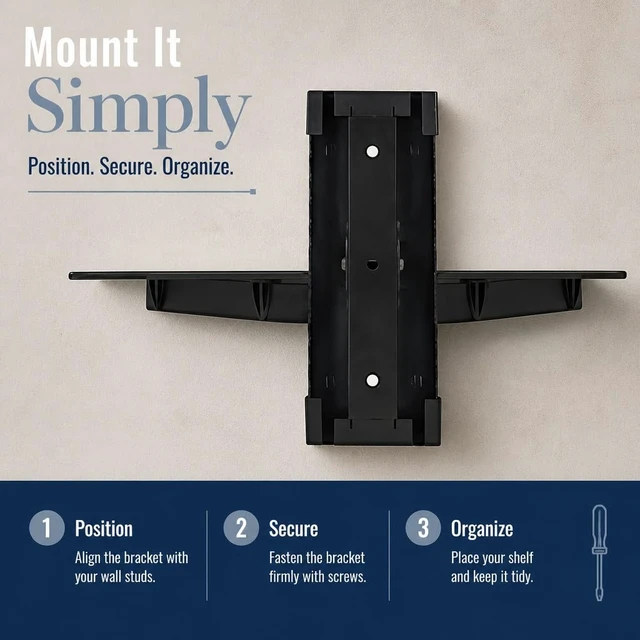 Alt view image 6 of 7 - Floating TV Shelf, Tempered Glass, Aluminum Frame, Black Holds up to 17.6 lbs, 4.25in height adjustment, integrated cable management, single stud install, fits consoles & AV devices