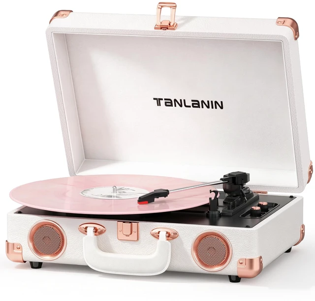 Main image of Vinyl Record Player with Speakers, Bluetooth, Tone Control, White Vintage 3-speed portable suitcase turntable with rose gold hardware for stylish bedroom decor, vinyl listening & music gifts
