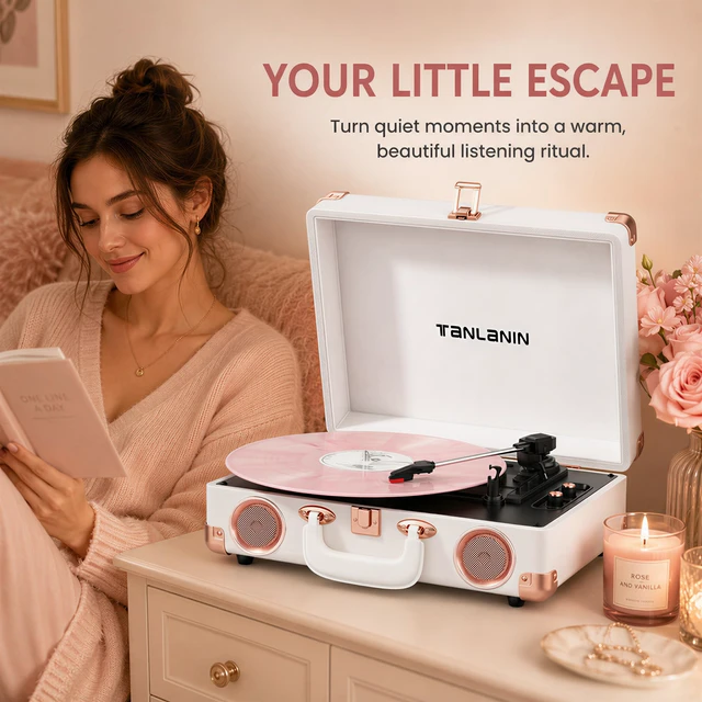 Alt view image 2 of 7 - Vinyl Record Player with Speakers, Bluetooth, Tone Control, White Vintage 3-speed portable suitcase turntable with rose gold hardware for stylish bedroom decor, vinyl listening & music gifts