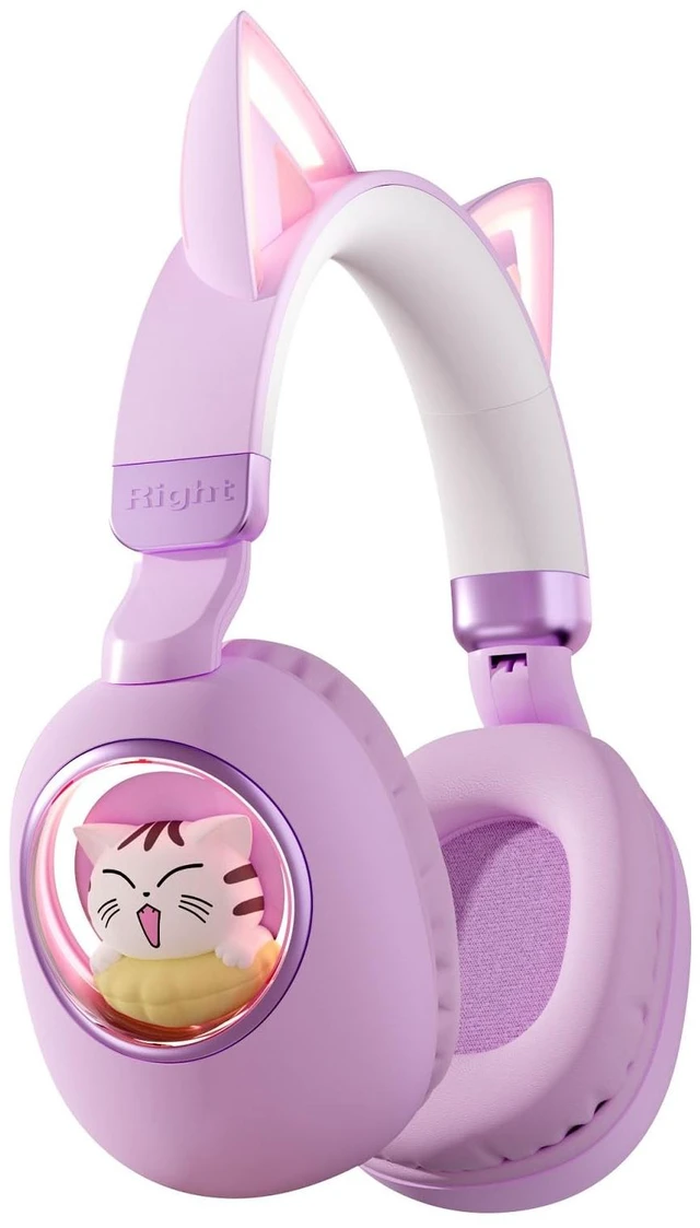 Main image of Cat Ear Headphones for Kids, Cute Children Girl Wireless Bluetooth Headphones for School, Purple Kindergarten Light up Kawaii Kitty Noise Cancelling Headphones for Kids Teens Child Airplane