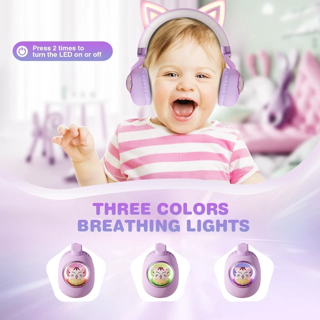 Alt view image 2 of 6 - Cat Ear Headphones for Kids, Cute Children Girl Wireless Bluetooth Headphones for School, Purple Kindergarten Light up Kawaii Kitty Noise Cancelling Headphones for Kids Teens Child Airplane