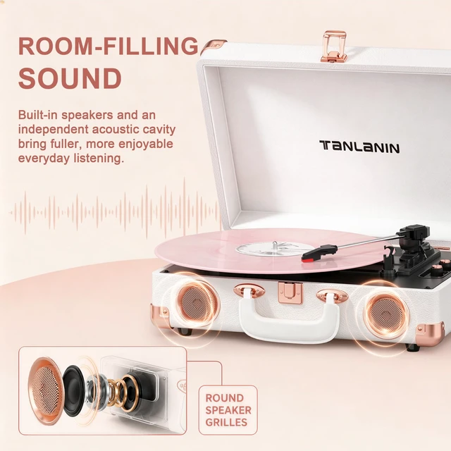 Alt view image 4 of 7 - Vinyl Record Player with Speakers, Bluetooth, Tone Control, White Vintage 3-speed portable suitcase turntable with rose gold hardware for stylish bedroom decor, vinyl listening & music gifts