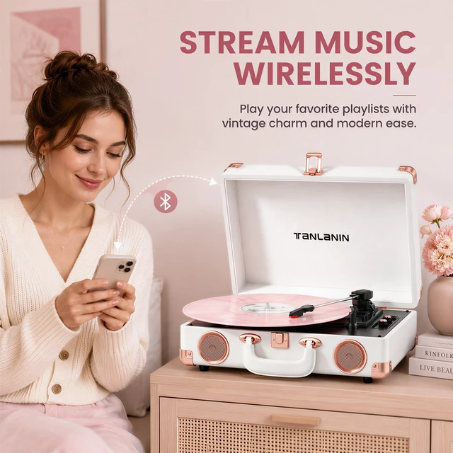 Alt view image 3 of 7 - Vinyl Record Player with Speakers, Bluetooth, Tone Control, White Vintage 3-speed portable suitcase turntable with rose gold hardware for stylish bedroom decor, vinyl listening & music gifts