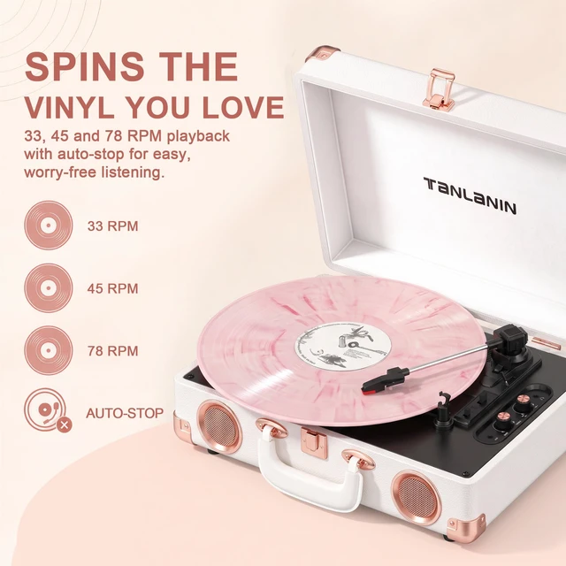 Alt view image 5 of 7 - Vinyl Record Player with Speakers, Bluetooth, Tone Control, White Vintage 3-speed portable suitcase turntable with rose gold hardware for stylish bedroom decor, vinyl listening & music gifts