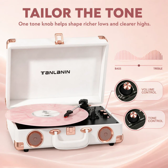 Alt view image 6 of 7 - Vinyl Record Player with Speakers, Bluetooth, Tone Control, White Vintage 3-speed portable suitcase turntable with rose gold hardware for stylish bedroom decor, vinyl listening & music gifts