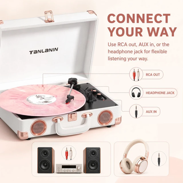 Alt view image 7 of 7 - Vinyl Record Player with Speakers, Bluetooth, Tone Control, White Vintage 3-speed portable suitcase turntable with rose gold hardware for stylish bedroom decor, vinyl listening & music gifts