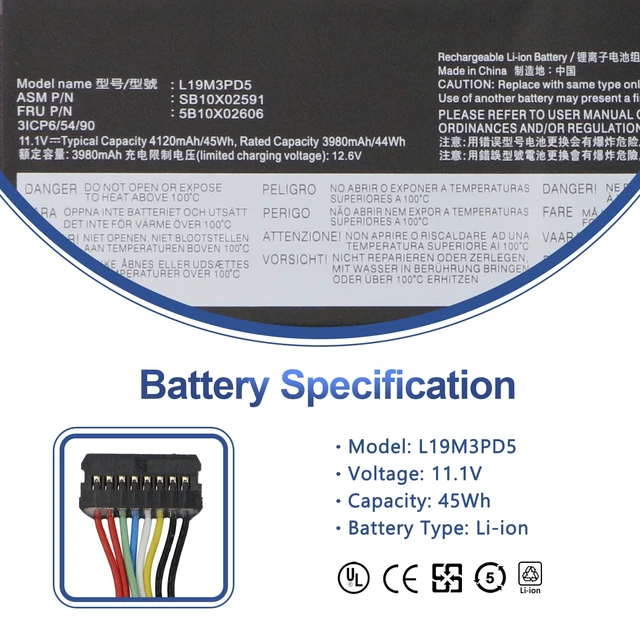 Alt view image 2 of 7 - L19M3PD5 45Wh Laptop Battery Replacement for Lenovo ThinkPad E14 E15 Series E14 Gen 2/ Gen 3/ Gen 4, E15 Gen 2/ Gen 3/ Gen 4 Series L19C3PD5 L19L3PD5 L20M3PD4 L20C3PD4 L20L3PD4 11.1V 4120mAh