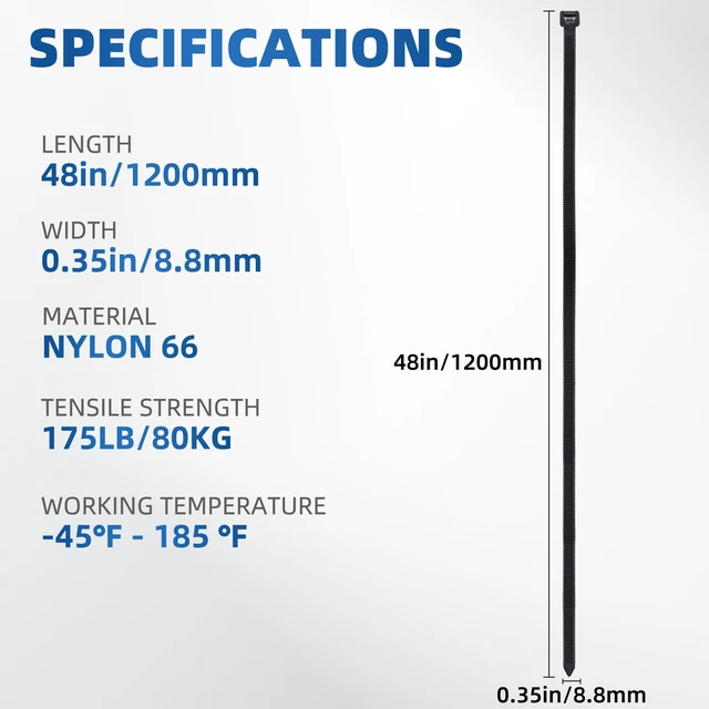 Alt view image 2 of 7 - 50 Pcs 48 Inch Extra Long Zip Ties Heavy Duty,Large Zip Ties with 175 lbs Tensile Strength Self Locking UV Resistant Tie Wraps Cable Ties for Outdoor Use