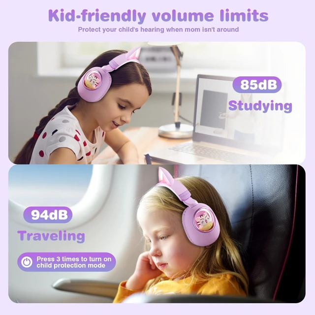 Alt view image 3 of 6 - Cat Ear Headphones for Kids, Cute Children Girl Wireless Bluetooth Headphones for School, Purple Kindergarten Light up Kawaii Kitty Noise Cancelling Headphones for Kids Teens Child Airplane