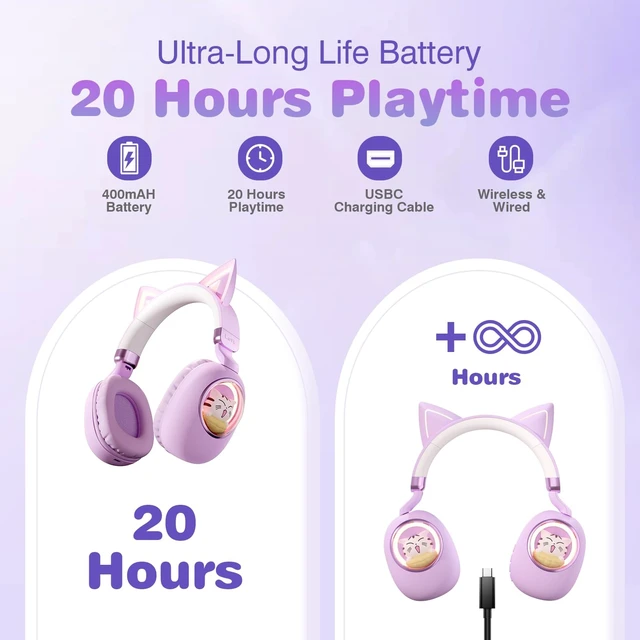 Alt view image 4 of 6 - Cat Ear Headphones for Kids, Cute Children Girl Wireless Bluetooth Headphones for School, Purple Kindergarten Light up Kawaii Kitty Noise Cancelling Headphones for Kids Teens Child Airplane
