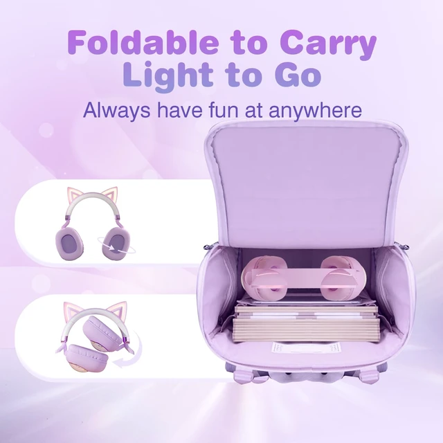 Alt view image 5 of 6 - Cat Ear Headphones for Kids, Cute Children Girl Wireless Bluetooth Headphones for School, Purple Kindergarten Light up Kawaii Kitty Noise Cancelling Headphones for Kids Teens Child Airplane