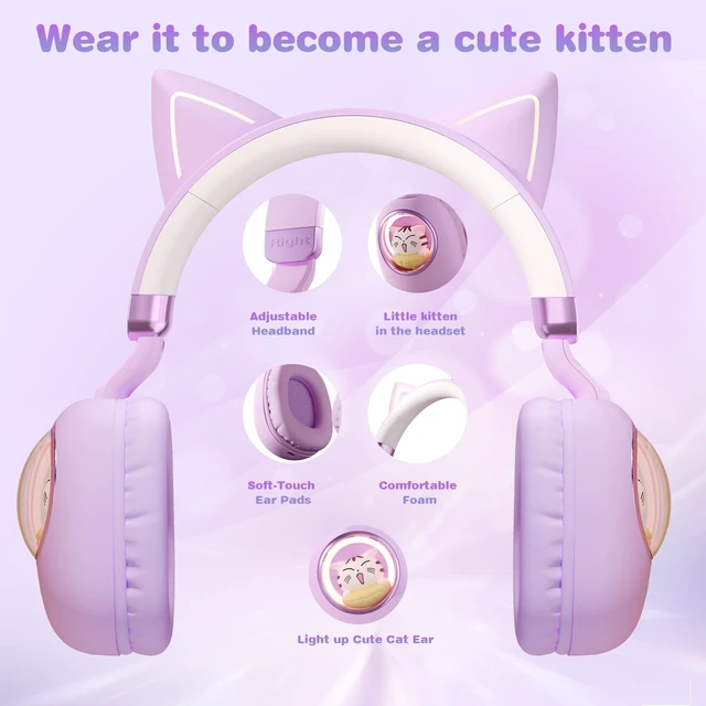 Alt view image 6 of 6 - Cat Ear Headphones for Kids, Cute Children Girl Wireless Bluetooth Headphones for School, Purple Kindergarten Light up Kawaii Kitty Noise Cancelling Headphones for Kids Teens Child Airplane