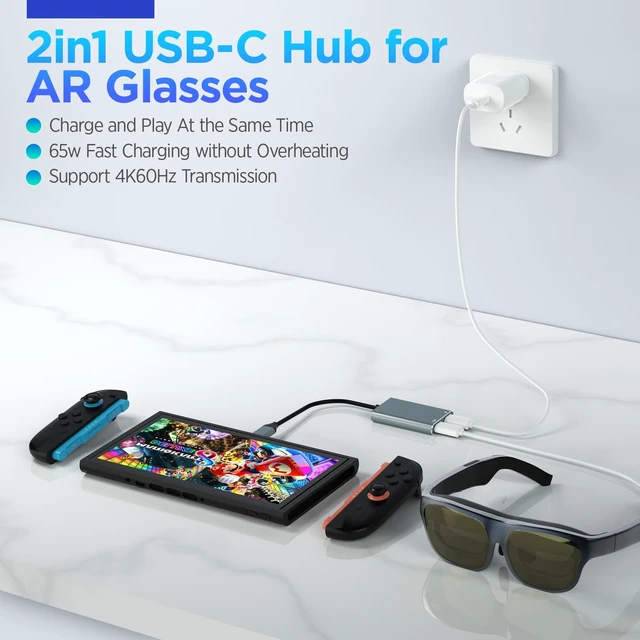 Alt view image 2 of 7 - HiBloks USB-C AR Hub and Charging Adapter for Switch 2 and AR Glasses Charge and Play Adapter with 4K60Hz and 65W Fast Charging for Switch 1&2/Rokid/Xreal/RayNeo/VITURE/iPhone 15&16 &17