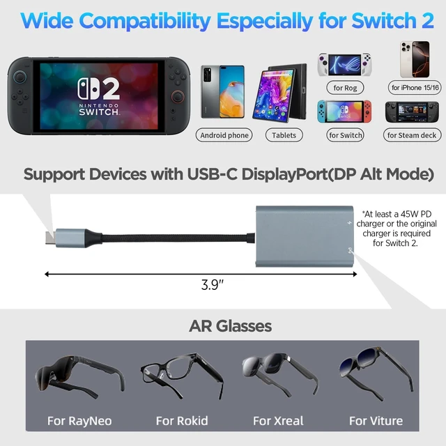Alt view image 3 of 7 - HiBloks USB-C AR Hub and Charging Adapter for Switch 2 and AR Glasses Charge and Play Adapter with 4K60Hz and 65W Fast Charging for Switch 1&2/Rokid/Xreal/RayNeo/VITURE/iPhone 15&16 &17