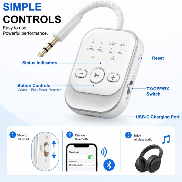 Alt view image 7 of 7 - Bluetooth Transmitter Receiver, Airplane Bluetooth Adapter for TV (White) Bluetooth 5.3 Airplane Travel Essentials 2-in-1 Wireless Bluetooth Adapter Dual Link for Headphones Low Latency with Mic
