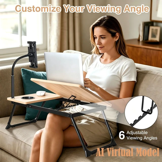 Alt view image 2 of 6 - Foldable Lap Desk for Bed and Sofa, Portable Laptop Desk with Gooseneck Phone Stand, Cup Holder & Mouse Pad Extension, Extra Large Bed Desk Tray fits up to 17" Laptops (Natural)