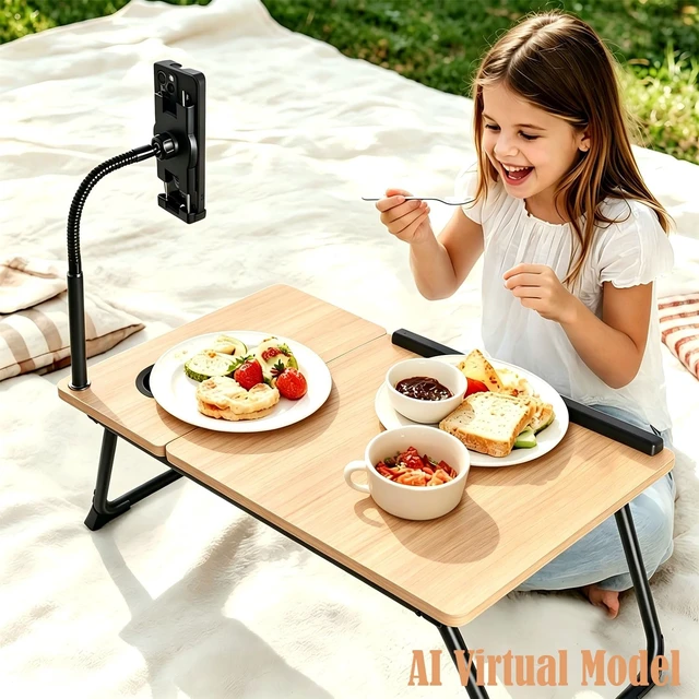 Alt view image 3 of 6 - Foldable Lap Desk for Bed and Sofa, Portable Laptop Desk with Gooseneck Phone Stand, Cup Holder & Mouse Pad Extension, Extra Large Bed Desk Tray fits up to 17" Laptops (Natural)
