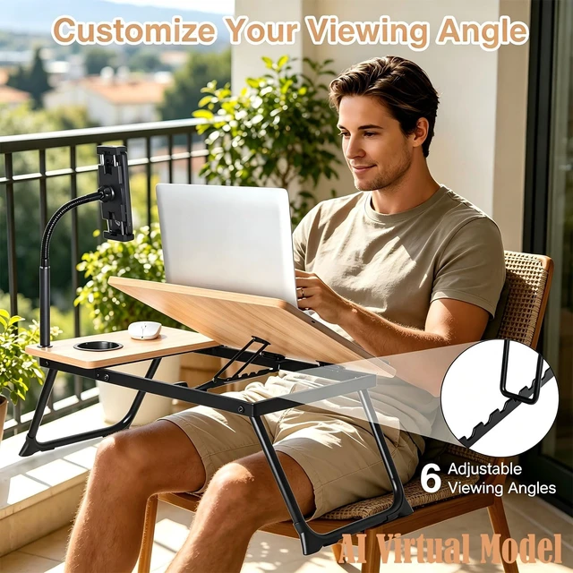 Alt view image 5 of 6 - Foldable Lap Desk for Bed and Sofa, Portable Laptop Desk with Gooseneck Phone Stand, Cup Holder & Mouse Pad Extension, Extra Large Bed Desk Tray fits up to 17" Laptops (Natural)