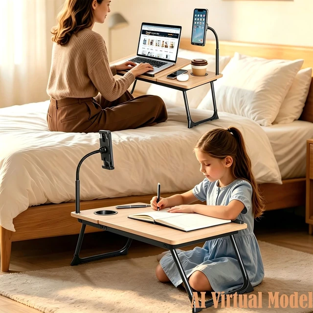 Alt view image 6 of 6 - Foldable Lap Desk for Bed and Sofa, Portable Laptop Desk with Gooseneck Phone Stand, Cup Holder & Mouse Pad Extension, Extra Large Bed Desk Tray fits up to 17" Laptops (Natural)
