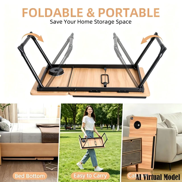 Alt view image 4 of 6 - Foldable Lap Desk for Bed and Sofa, Portable Laptop Desk with Gooseneck Phone Stand, Cup Holder & Mouse Pad Extension, Extra Large Bed Desk Tray fits up to 17" Laptops (Natural)