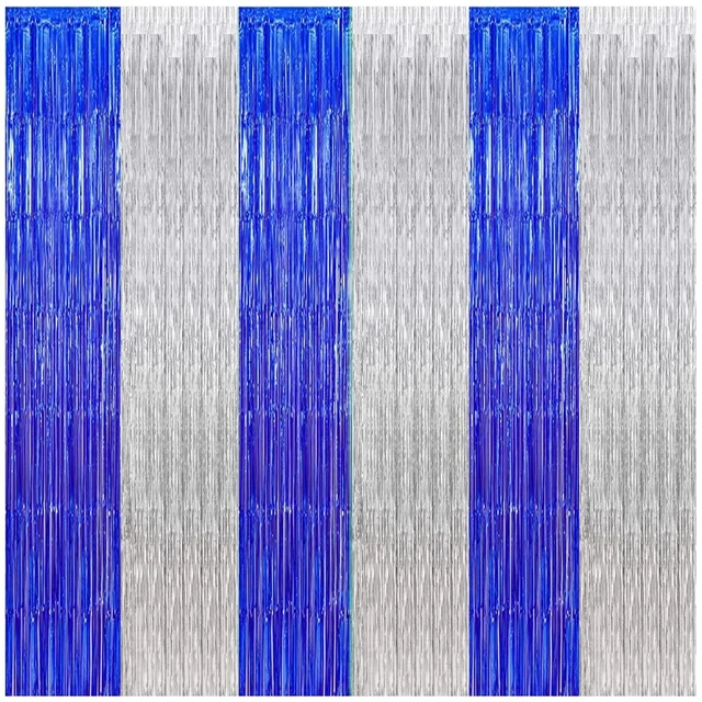 Main image of Graduation Backdrop Curtain Blue Silver Party Decorations 3 Pack Metallic Tinsel Foil Fringe Curtains Photo Booth Streamer Background for Birthday Wedding Party Christmas Decor
