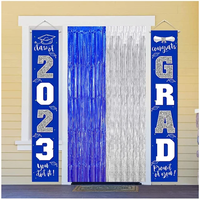 Alt view image 2 of 6 - Graduation Backdrop Curtain Blue Silver Party Decorations 3 Pack Metallic Tinsel Foil Fringe Curtains Photo Booth Streamer Background for Birthday Wedding Party Christmas Decor