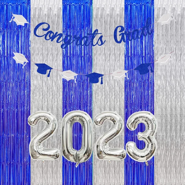Alt view image 3 of 6 - Graduation Backdrop Curtain Blue Silver Party Decorations 3 Pack Metallic Tinsel Foil Fringe Curtains Photo Booth Streamer Background for Birthday Wedding Party Christmas Decor