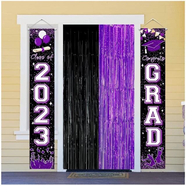 Alt view image 2 of 7 - Graduation Decorations Purple Black Foil Fringe Backdrops 3 Pack Black Purple Party Decorations Streamer Tinsel Curtains for Graduation Birthday Halloween Party