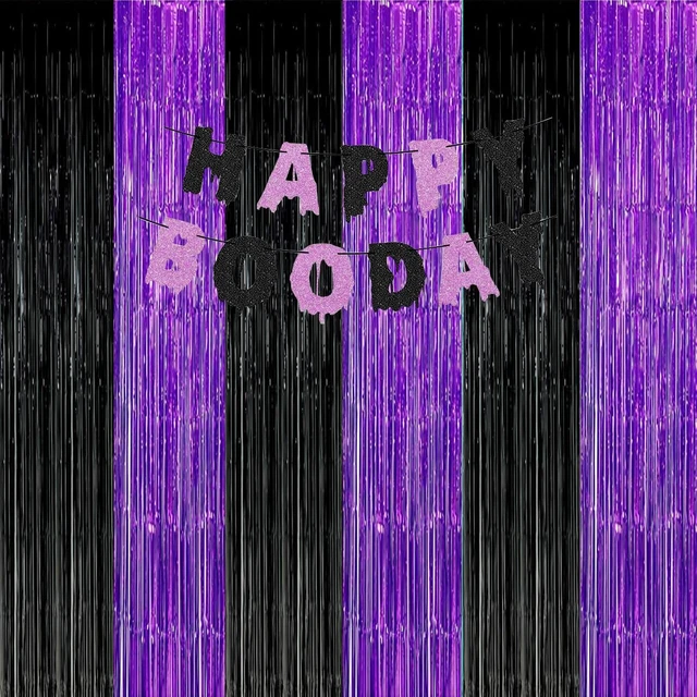 Alt view image 3 of 7 - Graduation Decorations Purple Black Foil Fringe Backdrops 3 Pack Black Purple Party Decorations Streamer Tinsel Curtains for Graduation Birthday Halloween Party