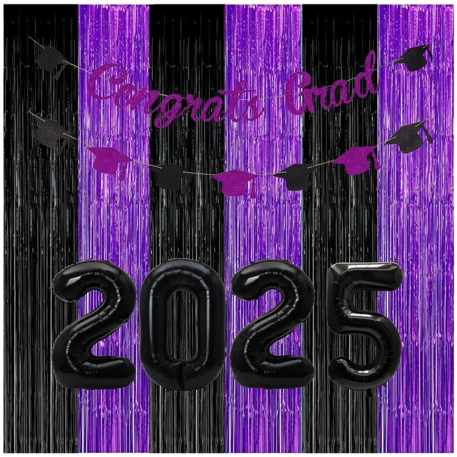 Alt view image 5 of 7 - Graduation Decorations Purple Black Foil Fringe Backdrops 3 Pack Black Purple Party Decorations Streamer Tinsel Curtains for Graduation Birthday Halloween Party