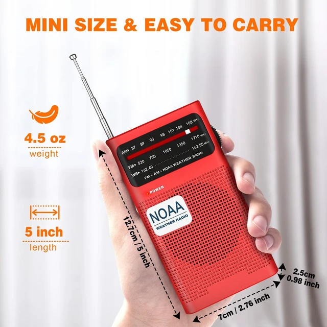 Alt view image 4 of 7 - NOAA Weather Radio, AM FM NOAA Emergency Radio Portable with Best Reception, Headphone Jack, Powered by 2 AA Battery, Transistor Radios Battery-Operated for Emergency, Hurricane, Home(Red)