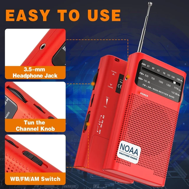 Alt view image 5 of 7 - NOAA Weather Radio, AM FM NOAA Emergency Radio Portable with Best Reception, Headphone Jack, Powered by 2 AA Battery, Transistor Radios Battery-Operated for Emergency, Hurricane, Home(Red)