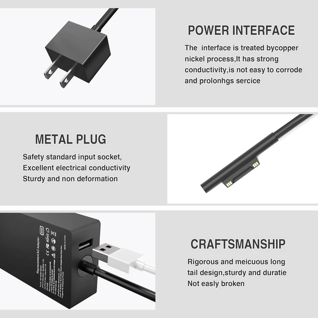 Alt view image 3 of 7 - 65W Surface Pro Charger for Microsoft Surface Pro 9, 8, 7+, 7, 6, 5, 4, 3, X, Windows Surface Laptop 1, 2, 3, 4, 5, Surface Go Tablet, Surface Book 3, 2, 1, Support 44W, 36W Power Cord