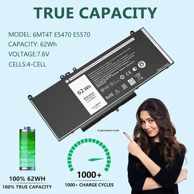 Alt view image 3 of 7 - 6MT4T Battery E5470 E5570 Battery Compatible with Dell Latitude14 5470 E5470 15 5570 E5570 Precision 15 3510 M3510 Series 7V69Y TXF9M 79VRK 07V69Y 0HK6DV 079VRK 0TXF9M 7.6V 62WH