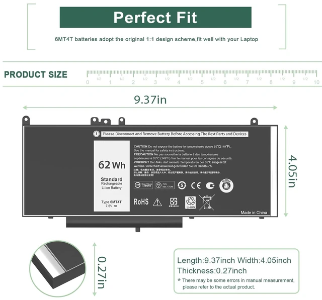 Alt view image 2 of 7 - 6MT4T Battery E5470 E5570 Battery Compatible with Dell Latitude14 5470 E5470 15 5570 E5570 Precision 15 3510 M3510 Series 7V69Y TXF9M 79VRK 07V69Y 0HK6DV 079VRK 0TXF9M 7.6V 62WH