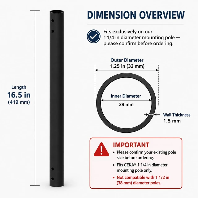 Alt view image 2 of 6 - Extension Pole for Diameter 1.25" J Pole Mount, 1.25 x 16.5, Black Steel Tube Adds 16.5 in to 1.25 in Masts, Corrosion-Resistant Finish and Connection Hardware Included