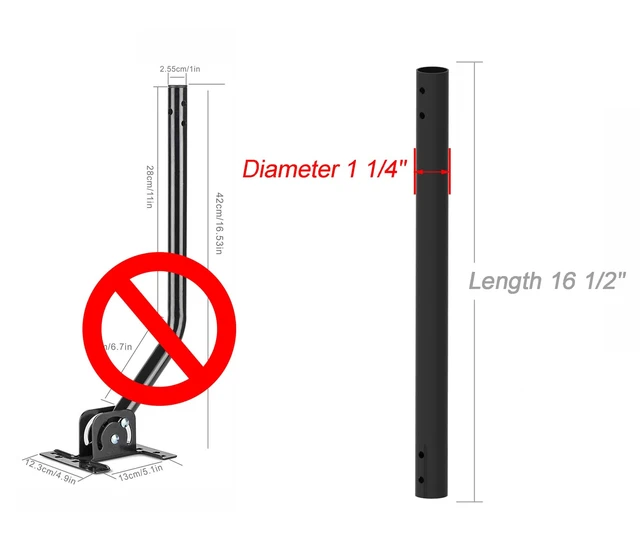 Alt view image 4 of 6 - Extension Pole for Diameter 1.25" J Pole Mount, 1.25 x 16.5, Black Steel Tube Adds 16.5 in to 1.25 in Masts, Corrosion-Resistant Finish and Connection Hardware Included