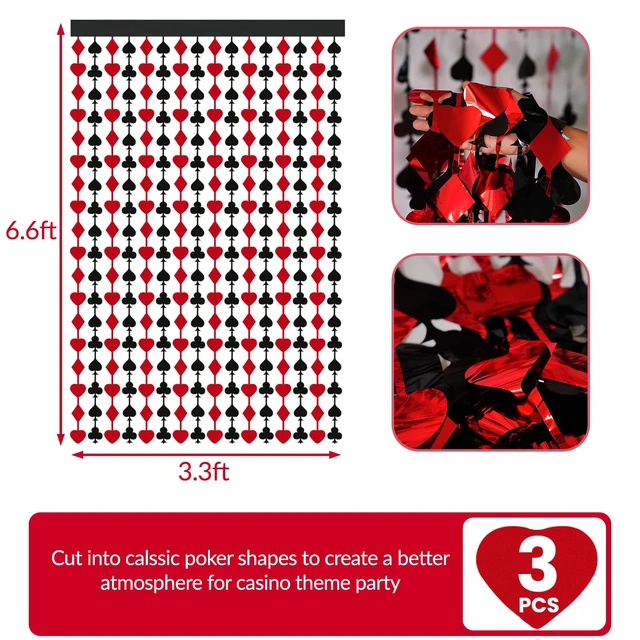 Alt view image 2 of 7 - Casino Tinsel Foil Fringe Backdrop Curtains Party Decorations 3 PCS, 3.3 x 6.6 ft Poker Party Decorations for Wall Door, Decor for Vegas, Poker Night, Birthday or Bachelorette Events