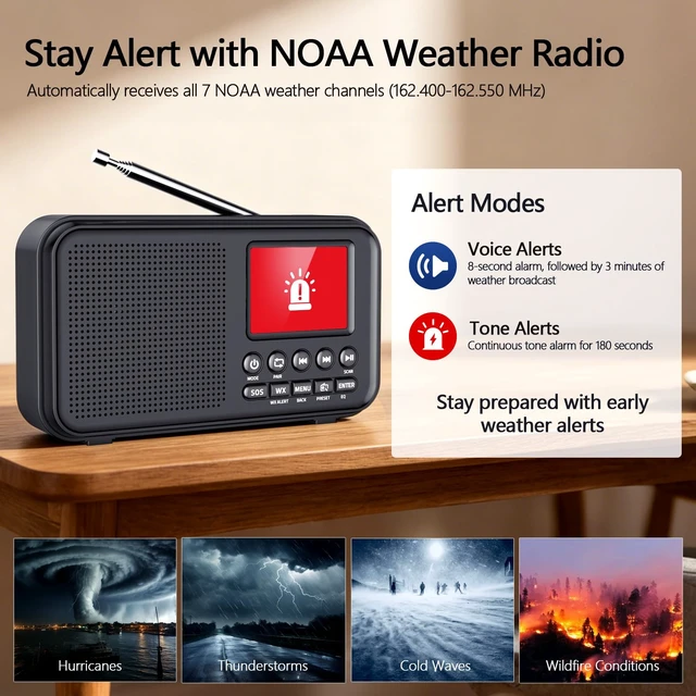 Alt view image 2 of 7 - Portable FM Radio with Bluetooth, 3000mAh Rechargeable Battery, 40 Presets 2.4" Color Display, 8W Speaker, Auto Scan, 7 NOAA Weather Channels, WX Alert, Dual Alarm, MicroSD, Headphone Jack, Home
