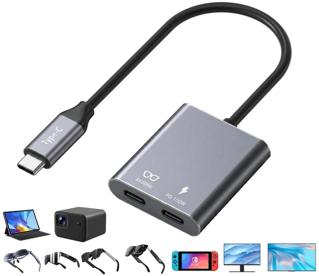 Main image of USB-C to AR Glasses Charging Adapter, 8K@60Hz Charge and Play Hub with 100W PD Fast Charging, Compatible with Switch 1, Steam Deck, ROG Ally X, XREAL Air 2, Rokid, Viture, iPhone 17/16