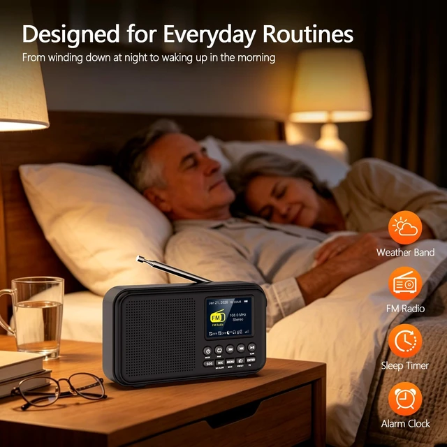 Alt view image 3 of 7 - Portable FM Radio with Bluetooth, 3000mAh Rechargeable Battery, 40 Presets 2.4" Color Display, 8W Speaker, Auto Scan, 7 NOAA Weather Channels, WX Alert, Dual Alarm, MicroSD, Headphone Jack, Home