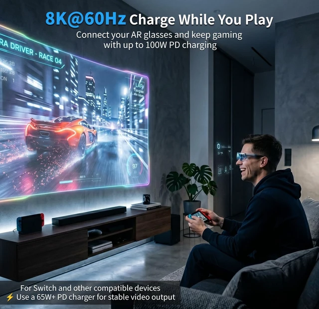 Alt view image 2 of 7 - USB-C to AR Glasses Charging Adapter, 8K@60Hz Charge and Play Hub with 100W PD Fast Charging, Compatible with Switch 1, Steam Deck, ROG Ally X, XREAL Air 2, Rokid, Viture, iPhone 17/16