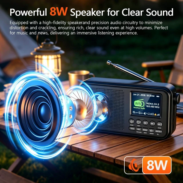 Alt view image 4 of 7 - Portable FM Radio with Bluetooth, 3000mAh Rechargeable Battery, 40 Presets 2.4" Color Display, 8W Speaker, Auto Scan, 7 NOAA Weather Channels, WX Alert, Dual Alarm, MicroSD, Headphone Jack, Home